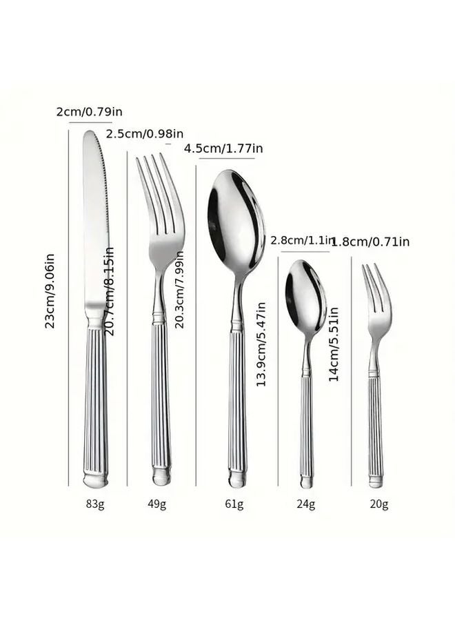 20pcs Silvery Stainless Steel Flatware Set with Roman Column Handles for Dining Wedding Party - Image 3